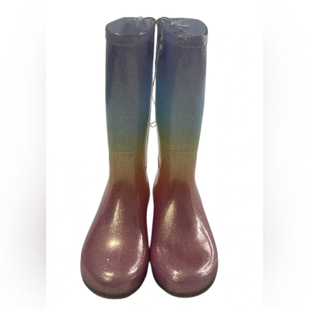 Cat & Jack Cece RainBoots Kids Pastel Rainbow Glitter Pull-On Boots Size 2 NEW